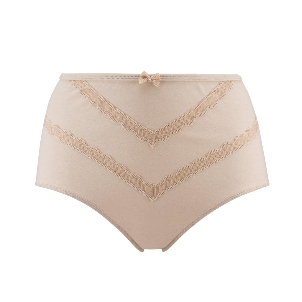 Beige high-waisted underwear with lace details on a white background