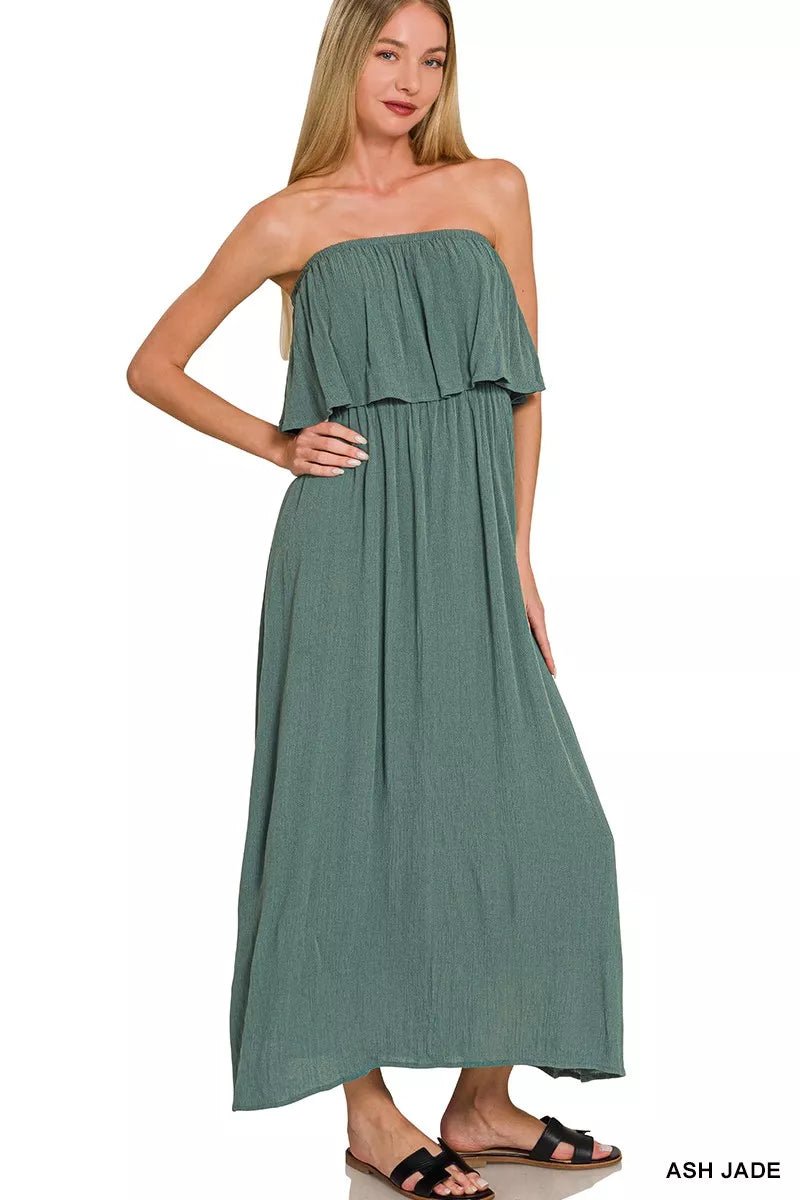 Zenana Woven Crinkle Strapless Maxi Dress - Salty Season LLC