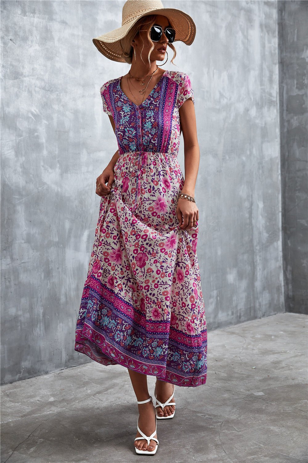 V-Neck Short Sleeve Printed Maxi Dress - Salty Season LLC