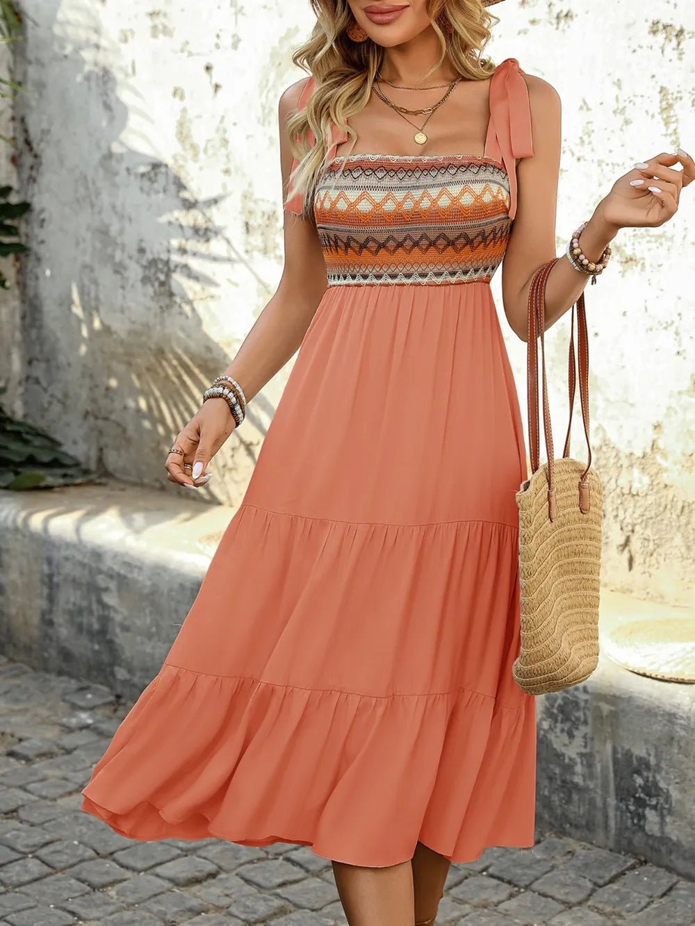 Tie Shoulder Square Neck Tiered Midi Dress - Salty Season LLC