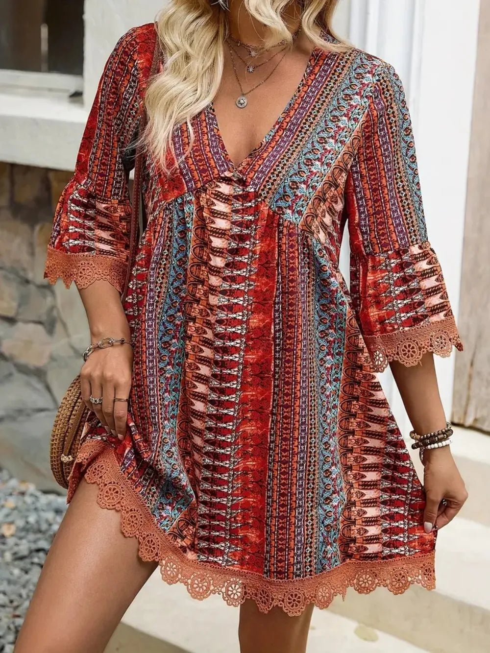 Lace Trim Printed V-Neck 3/4 Sleeve Dress - Salty Season LLC