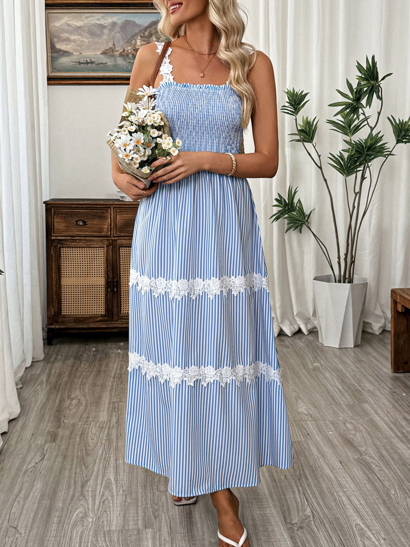 Striped Smocked Lace Trim Midi Dress - Salty Season LLC