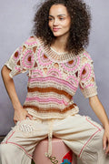 Weave Pattern Short Sleeve Crochet Top with Border Accents - Salty Season LLC