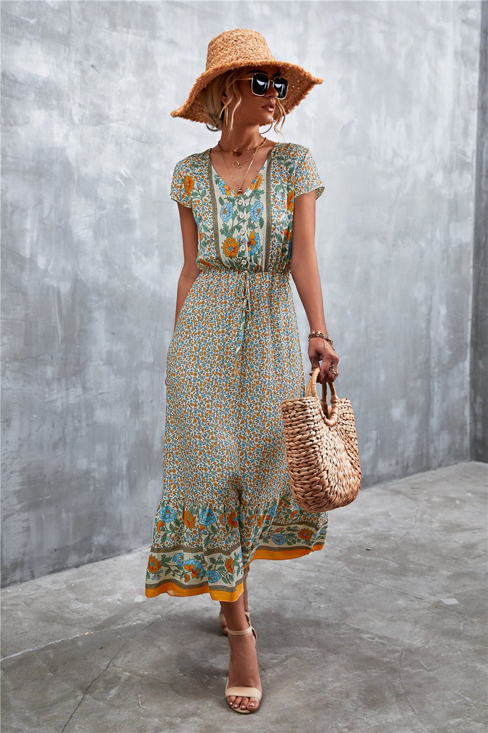 V-Neck Short Sleeve Printed Maxi Dress - Salty Season LLC