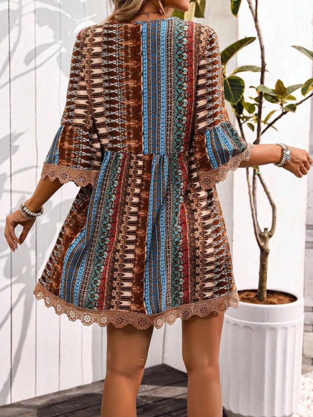 Lace Trim Printed V-Neck 3/4 Sleeve Dress - Salty Season LLC