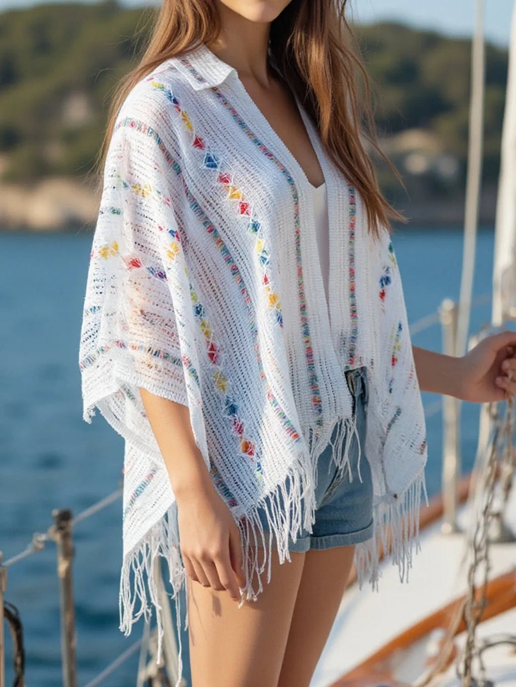 Openwork Fringe Open Front Knit Cape - Salty Season LLC