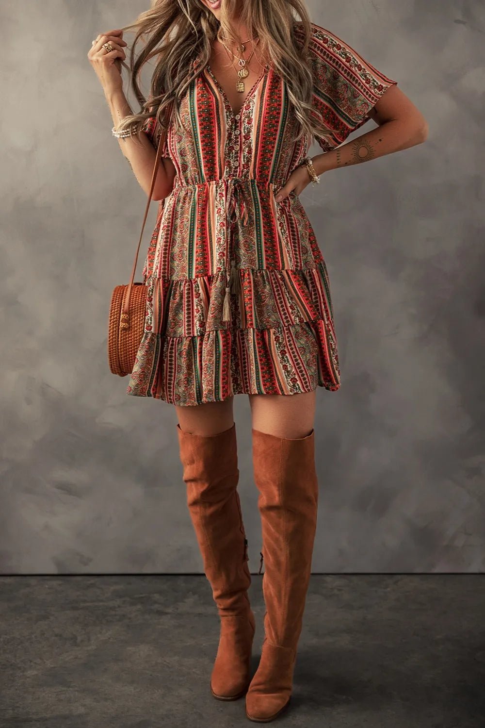 Bohemian Floral Print Buttoned V Neck Ruffle Tiered Dress - Salty Season LLC