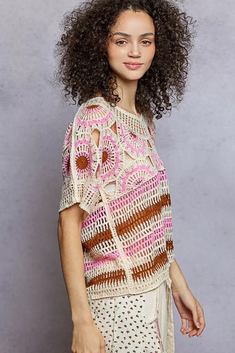 Weave Pattern Short Sleeve Crochet Top with Border Accents - Salty Season LLC