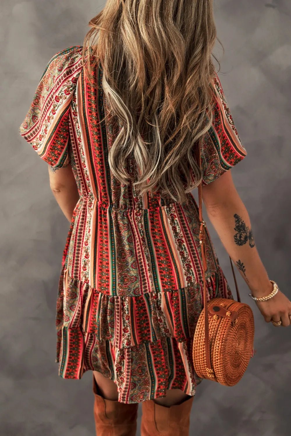 Bohemian Floral Print Buttoned V Neck Ruffle Tiered Dress - Salty Season LLC