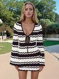 Wavy Striped Tied Front Long Sleeve Cover-Up Dress - Salty Season LLC