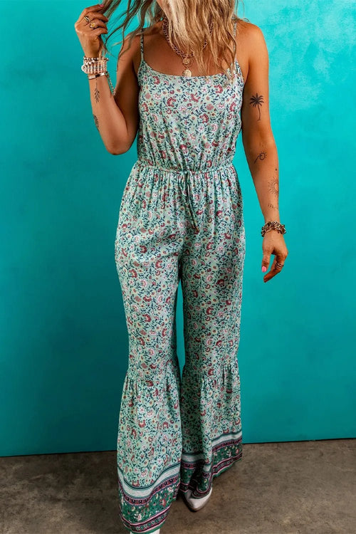 Bohemian Floral Ruffle Bottom Spaghetti Strap Jumpsuit - Salty Season LLC