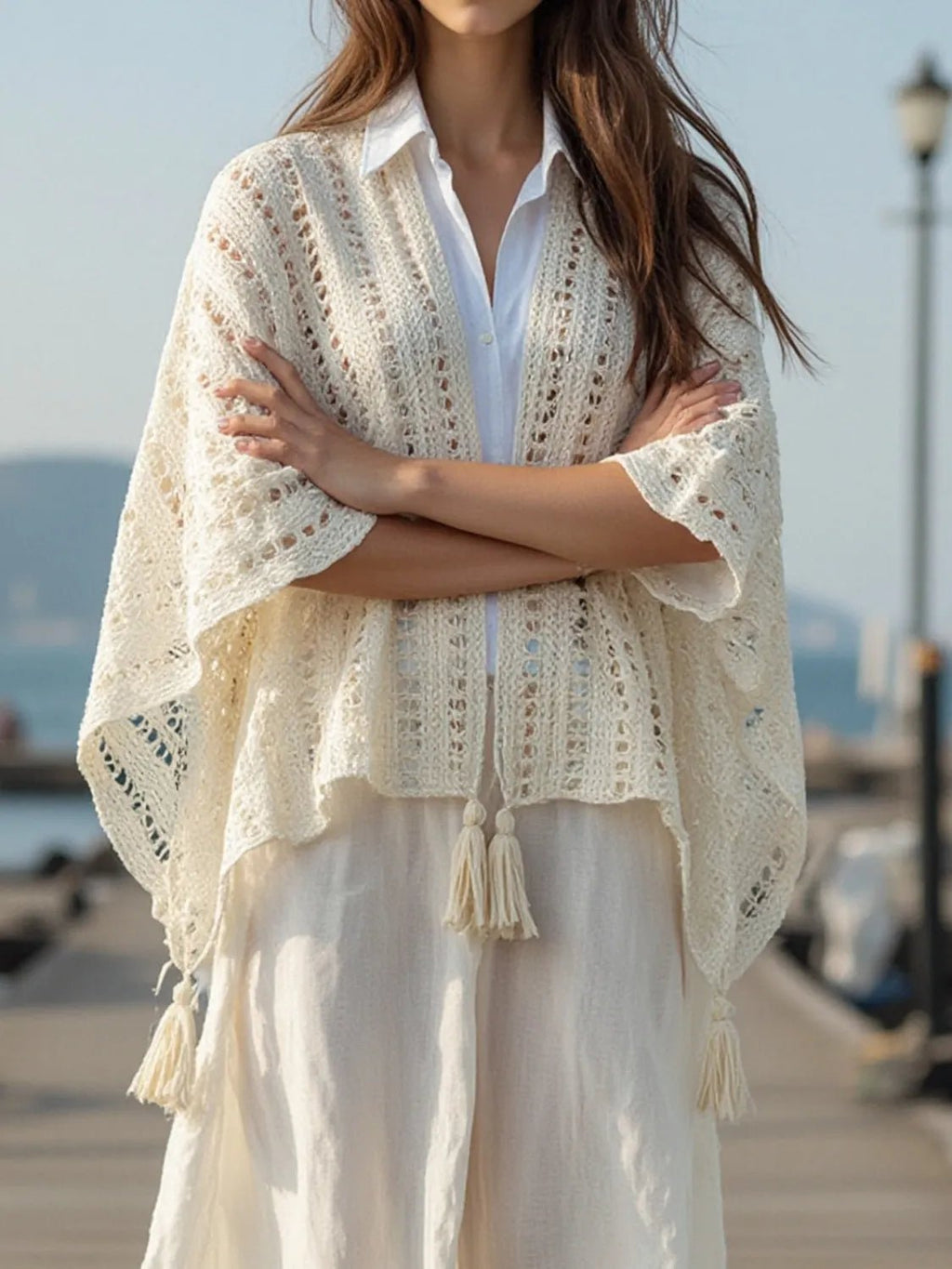 Openwork Tassel Open Front Knit Cover Up - Salty Season LLC