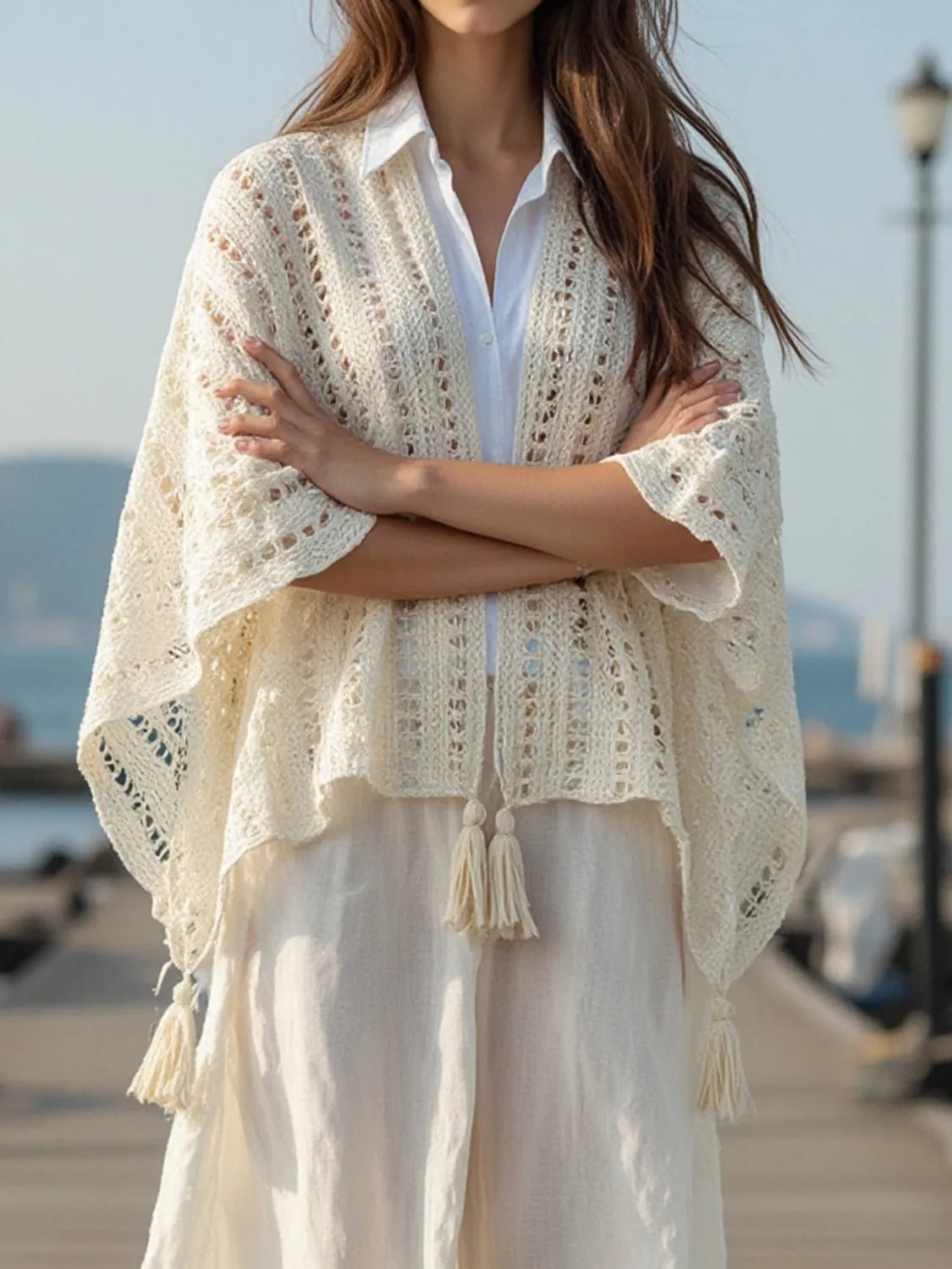 Openwork Tassel Open Front Knit Cover Up - Salty Season LLC