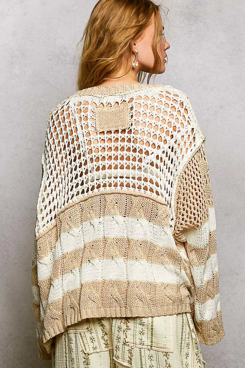 POL Color-Blocked Stripe Pattern Knit Top with Twisted Weave - Salty Season LLC
