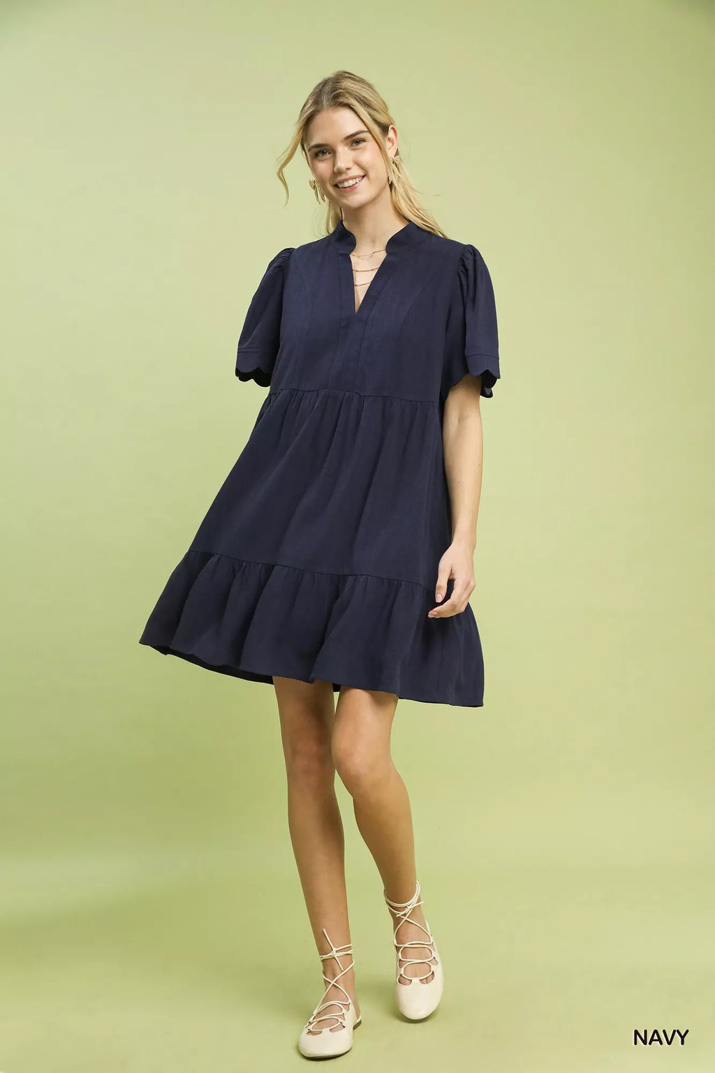 Umgee Linen Tiered Babydoll Dress with Scalloped Sleeves - Salty Season LLC