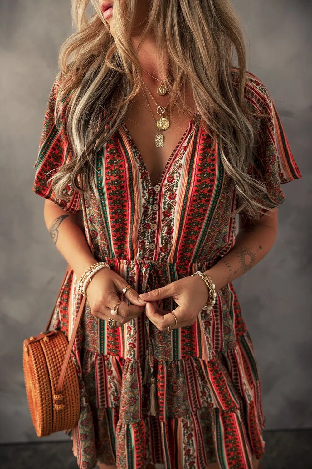 Bohemian Floral Print Buttoned V Neck Ruffle Tiered Dress - Salty Season LLC