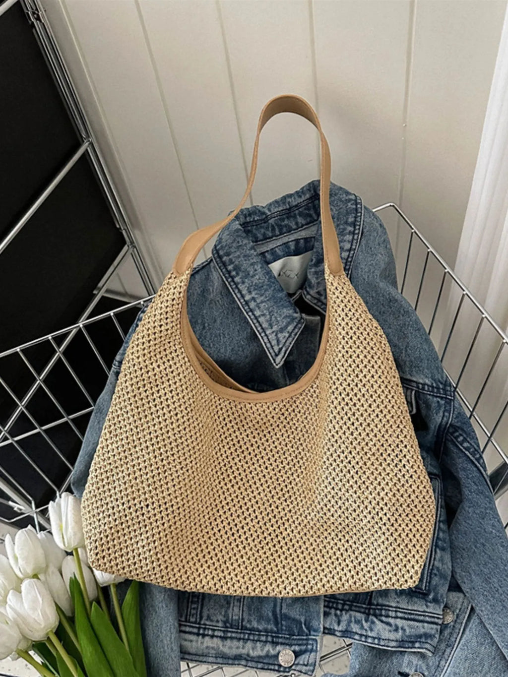 Woven Straw Shoulder Bag on floor