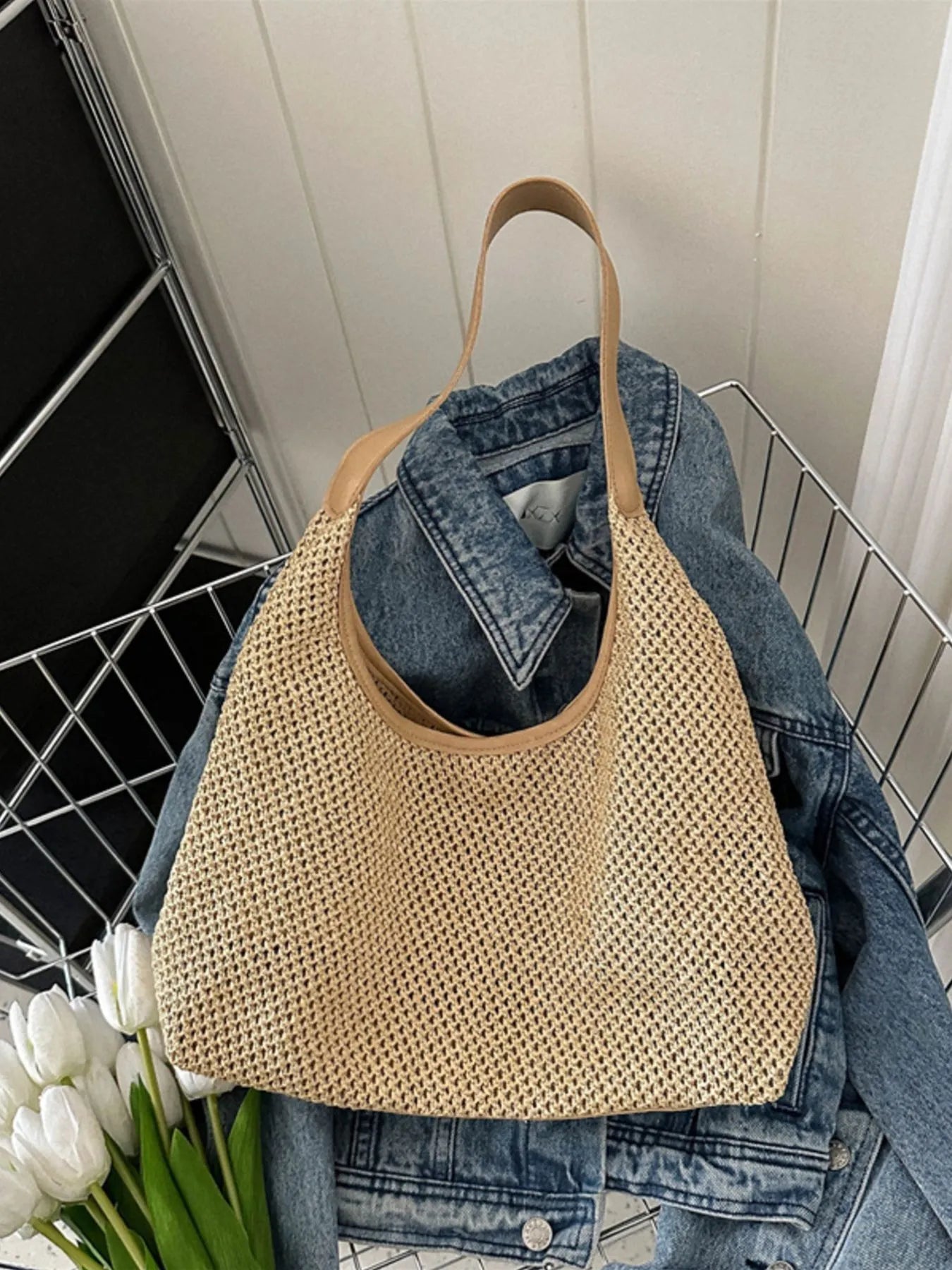 Woven Straw Shoulder Bag on floor