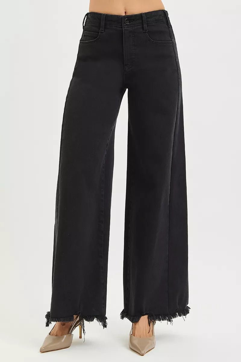 RISEN Tummy Control High Rise Palazzo Leg Frayed Hem Jeans - Salty Season LLC