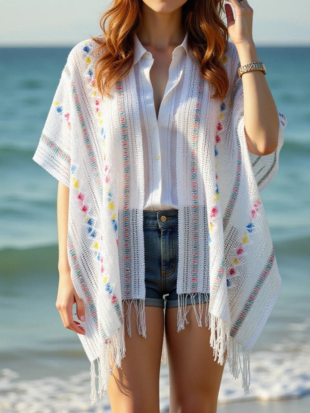 Openwork Fringe Open Front Knit Cape - Salty Season LLC