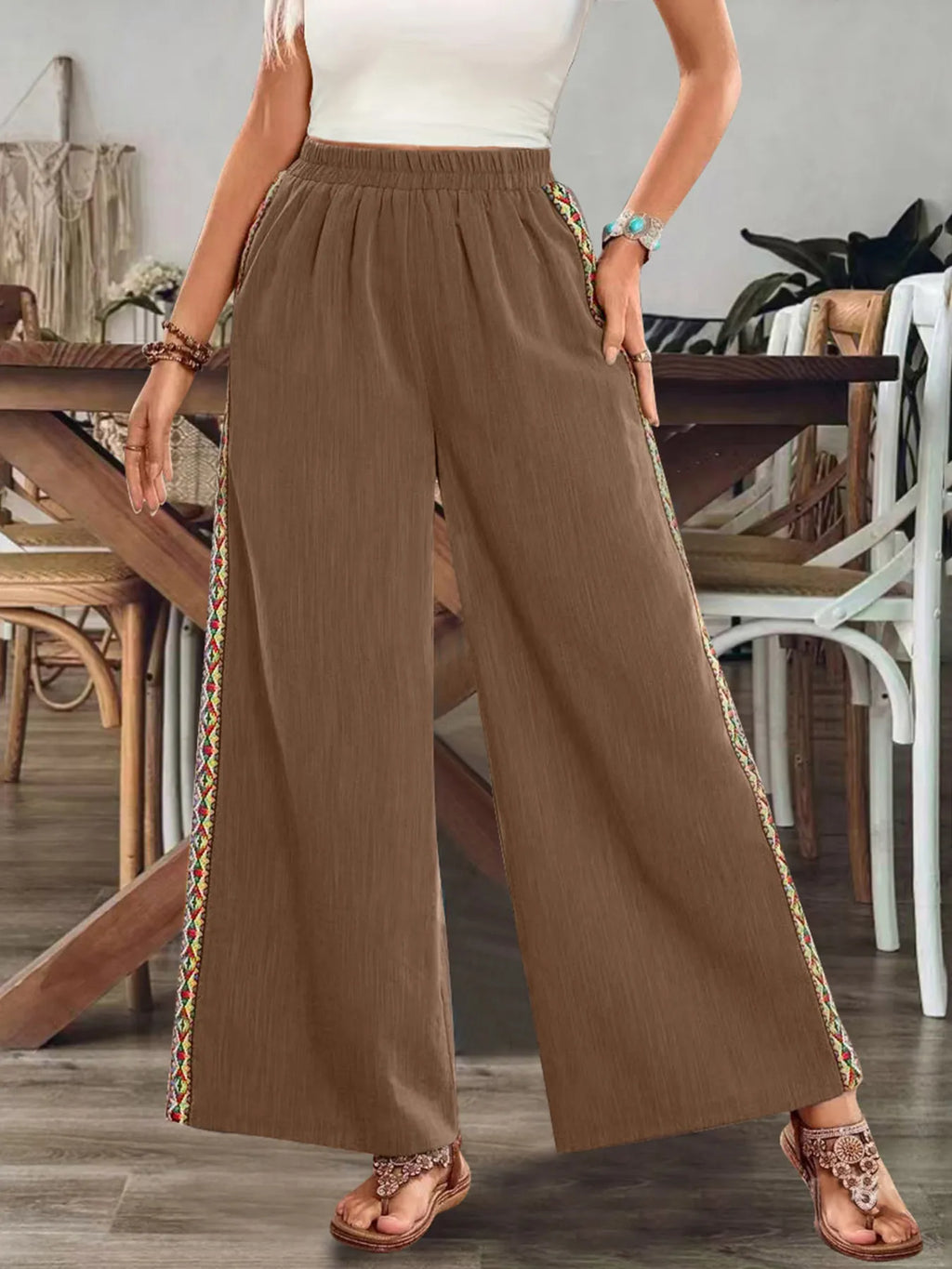 Bohemian Wide Leg Embroidered Side Stripe Pants - Salty Season LLC