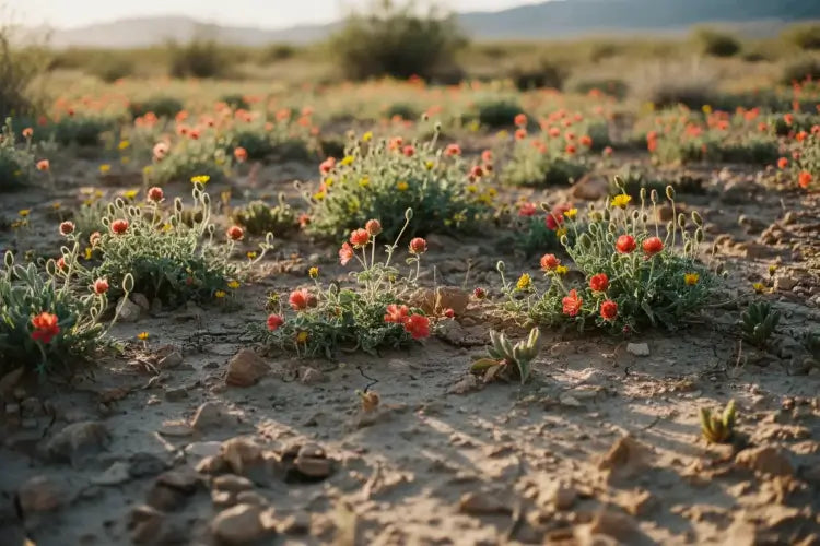 desert flowers with sun shining down