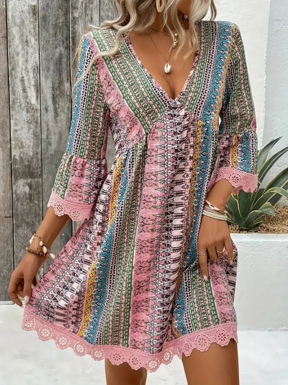 Lace Trim Printed V-Neck 3/4 Sleeve Dress - Salty Season LLC