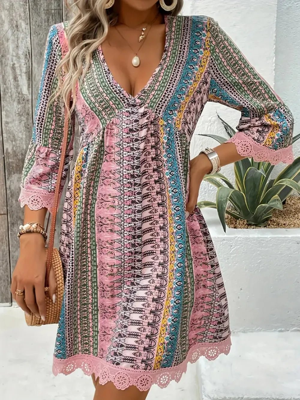 Lace Trim Printed V-Neck 3/4 Sleeve Dress - Salty Season LLC