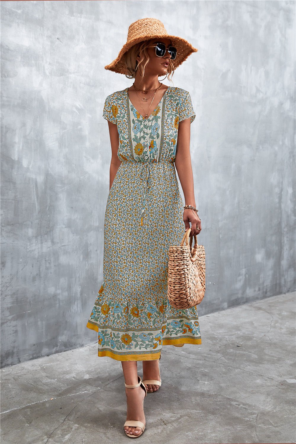 V-Neck Short Sleeve Printed Maxi Dress - Salty Season LLC