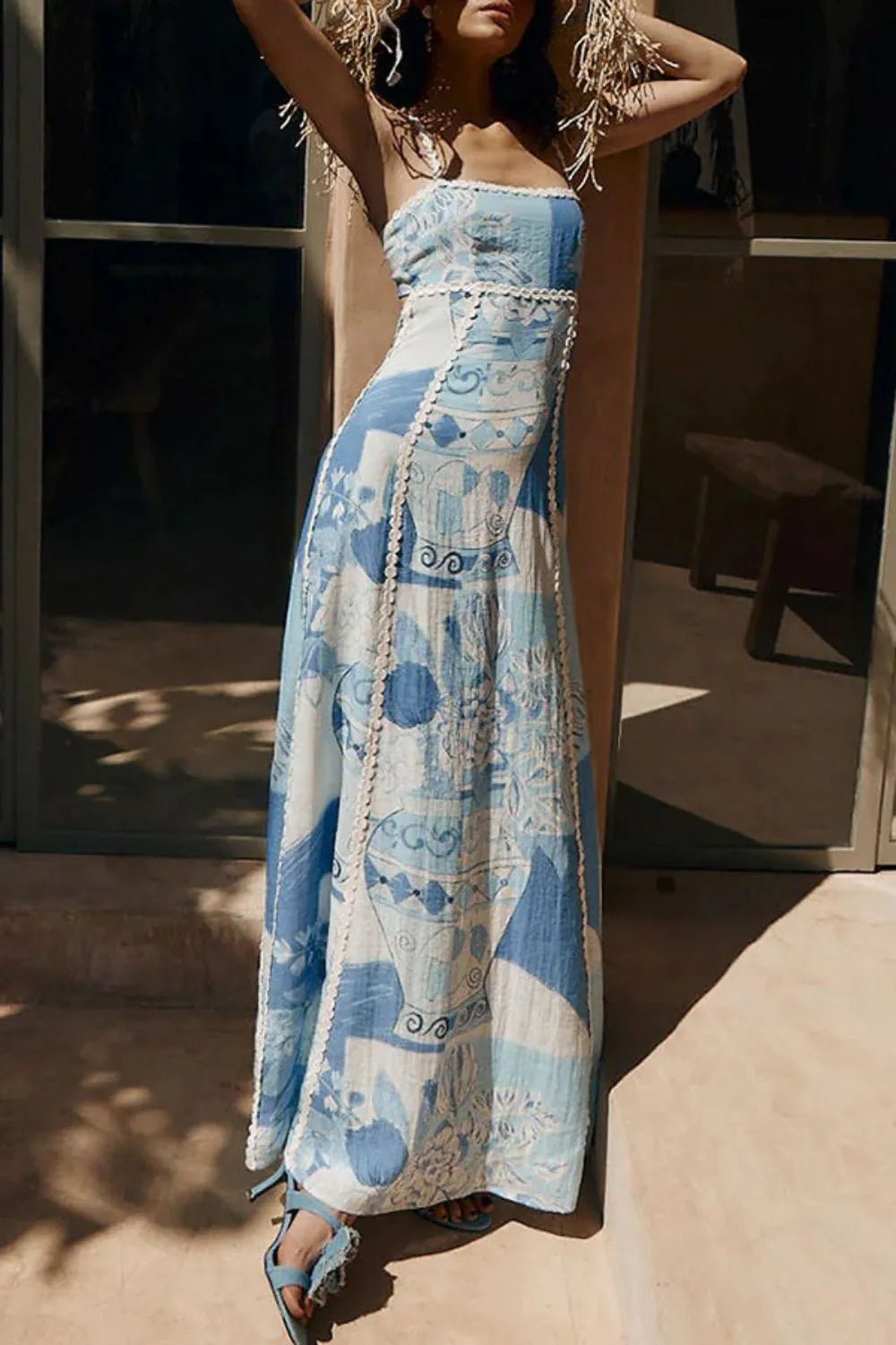 Cutout Back Printed Square Neck Maxi Dress with shadow