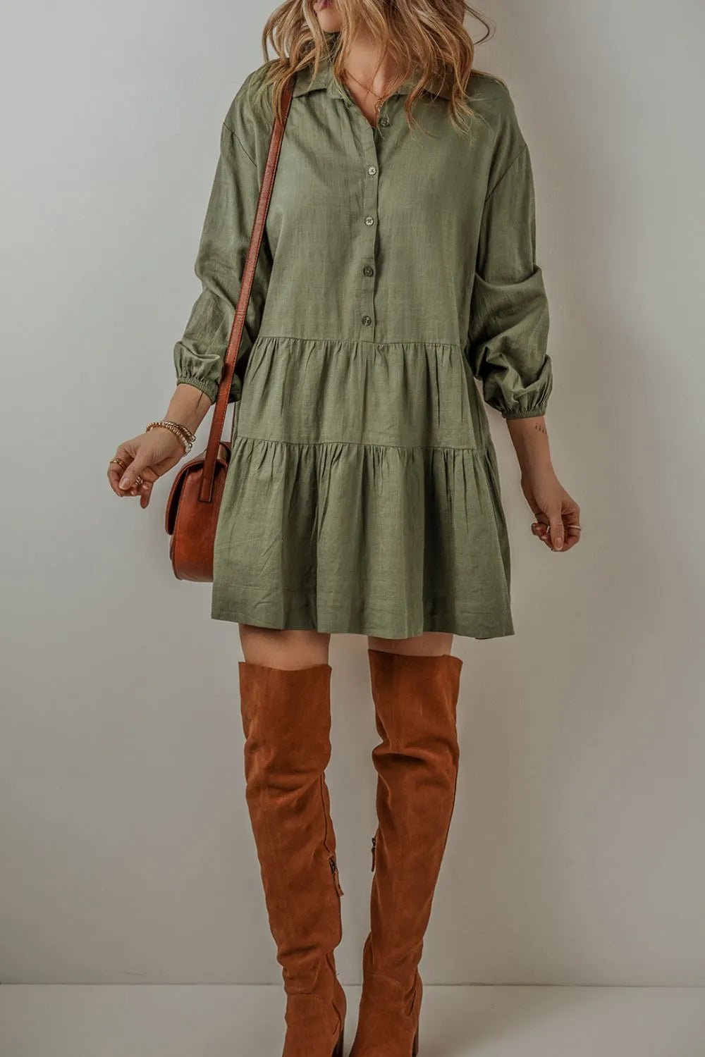 Tiered Collared Neck Balloon Sleeve Dress - Salty Season LLC