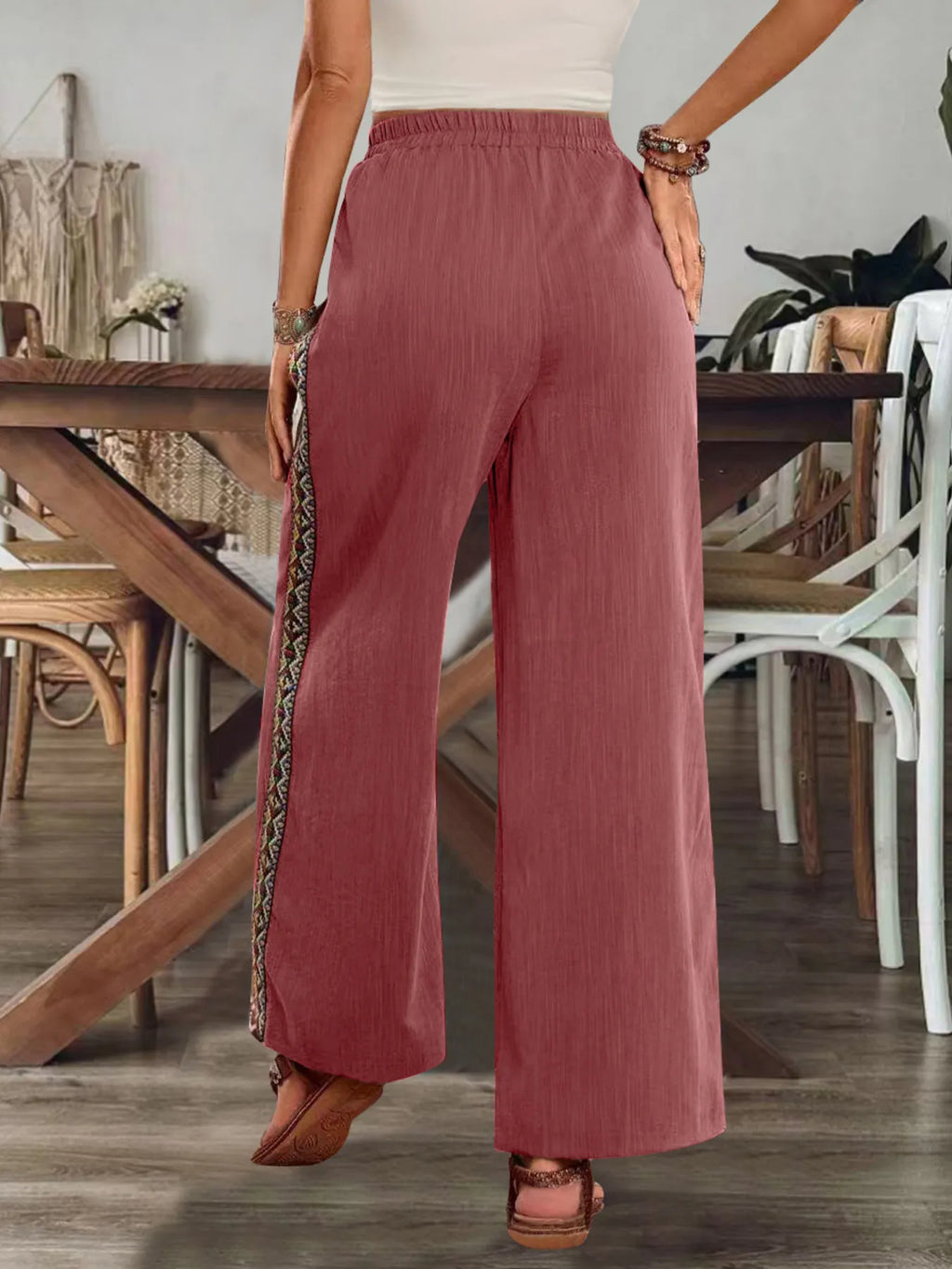 Bohemian Wide Leg Embroidered Side Stripe Pants - Salty Season LLC