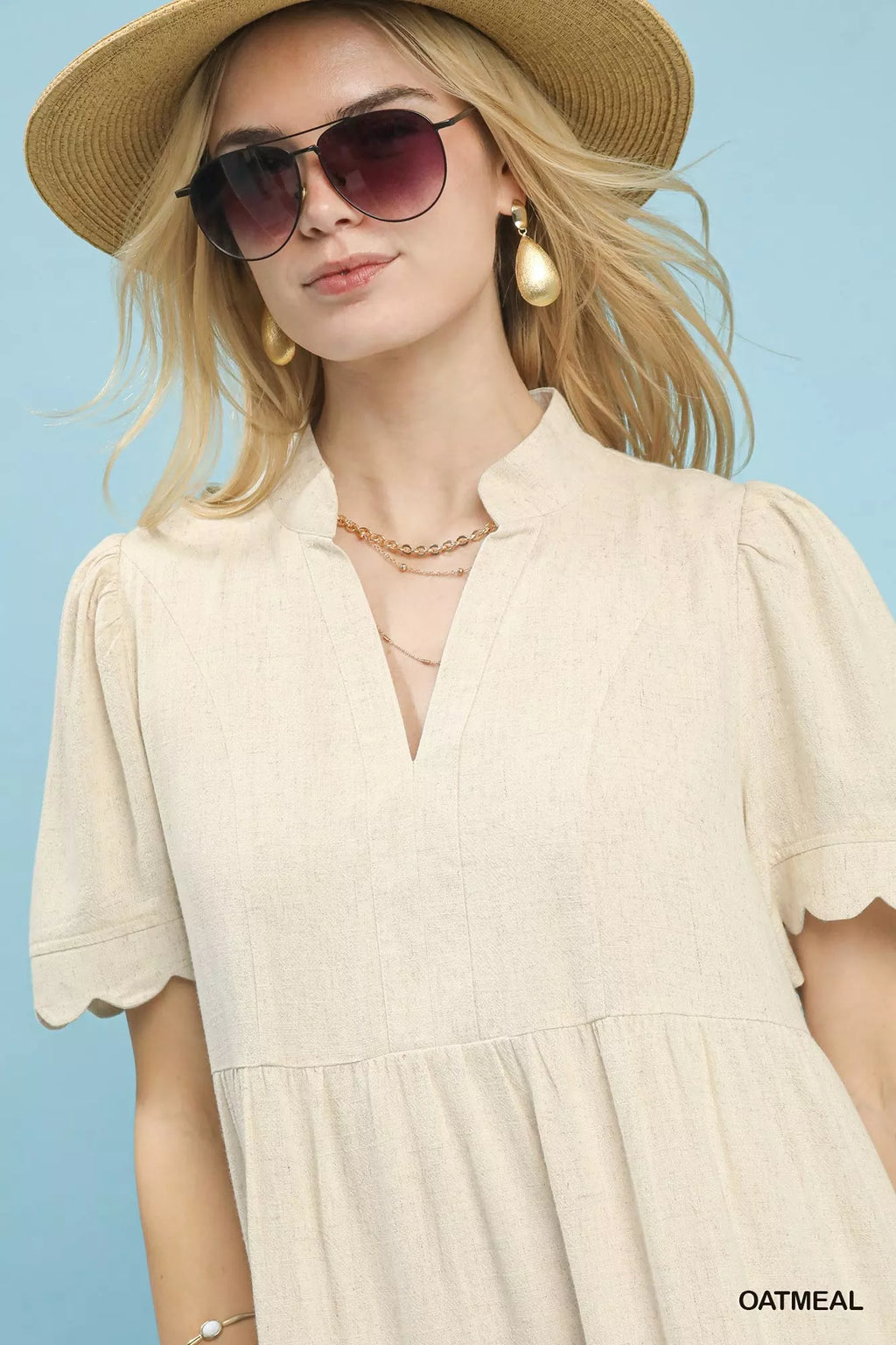 Umgee Linen Tiered Babydoll Dress with Scalloped Sleeves - Salty Season LLC blue background