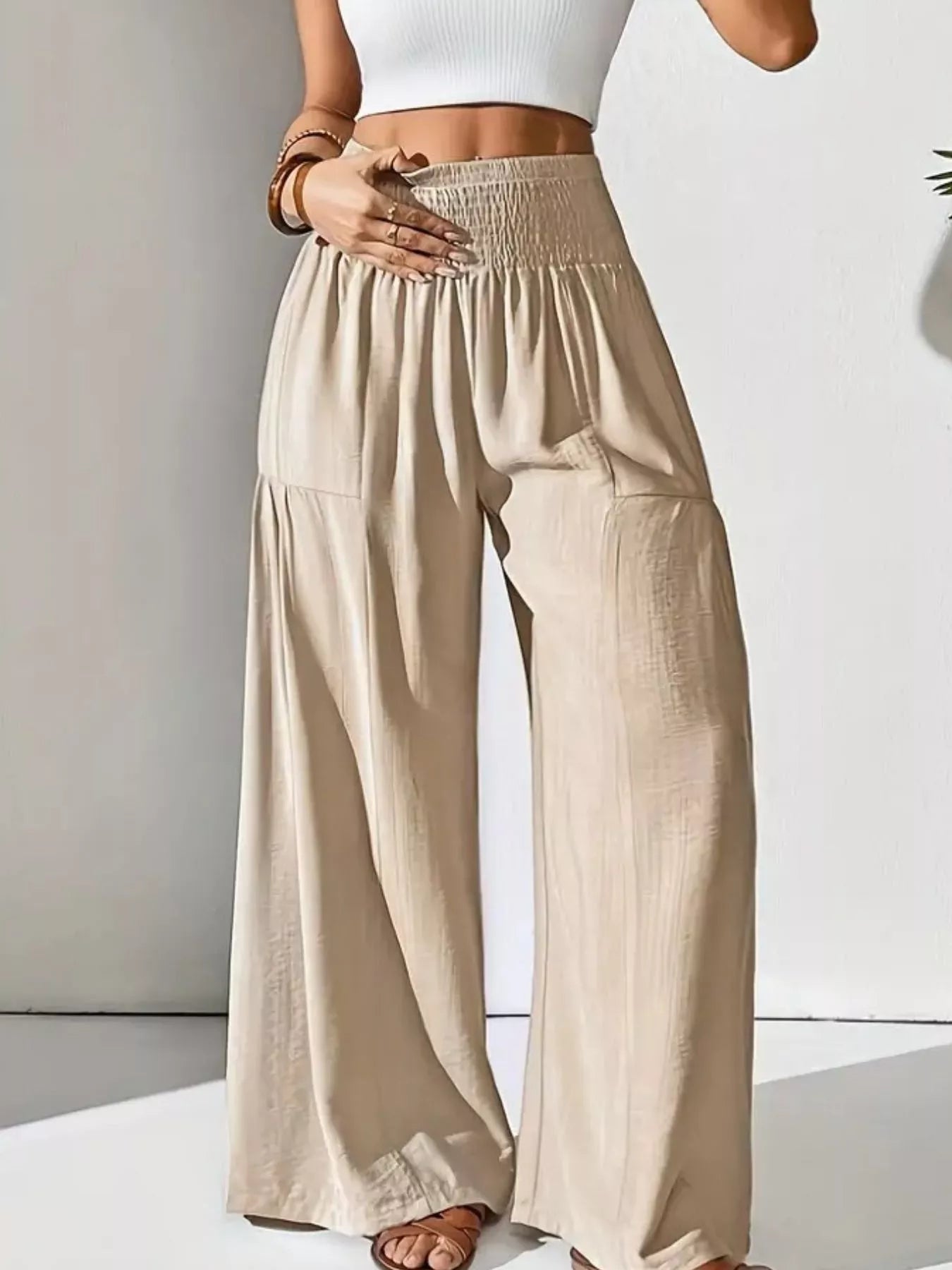 Beige Smocked Waist Wide Leg Pants - Salty Season LLC