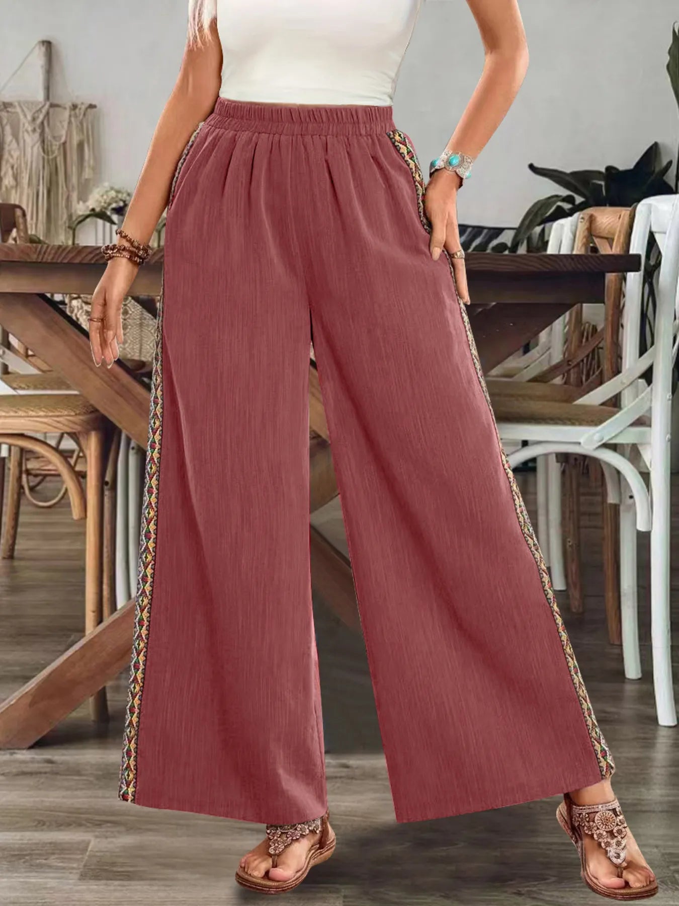 Bohemian Wide Leg Embroidered Side Stripe Pants - Salty Season LLC