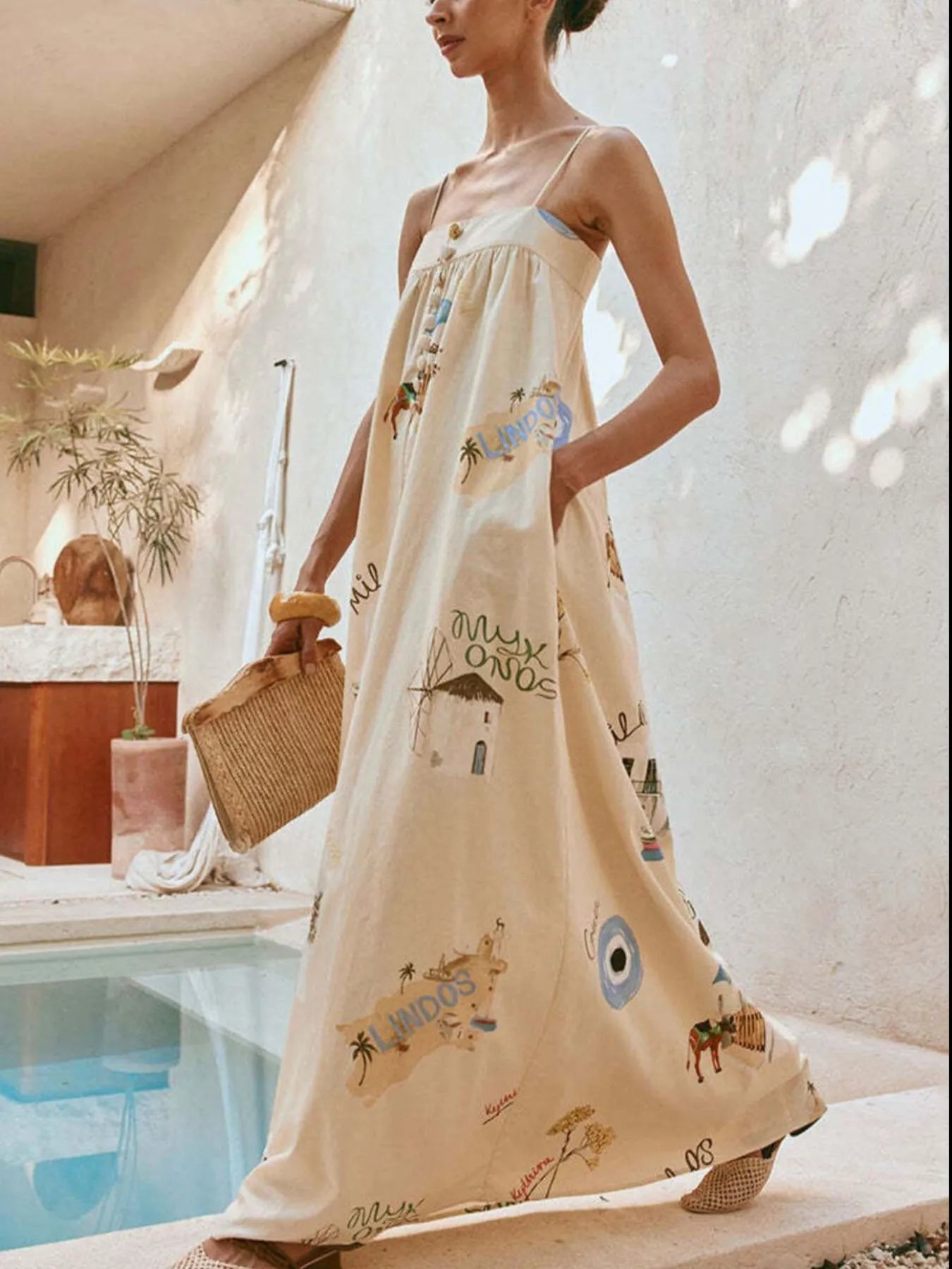 Bohemian Print Cami Maxi Dress with Pockets - Salty Season LLC