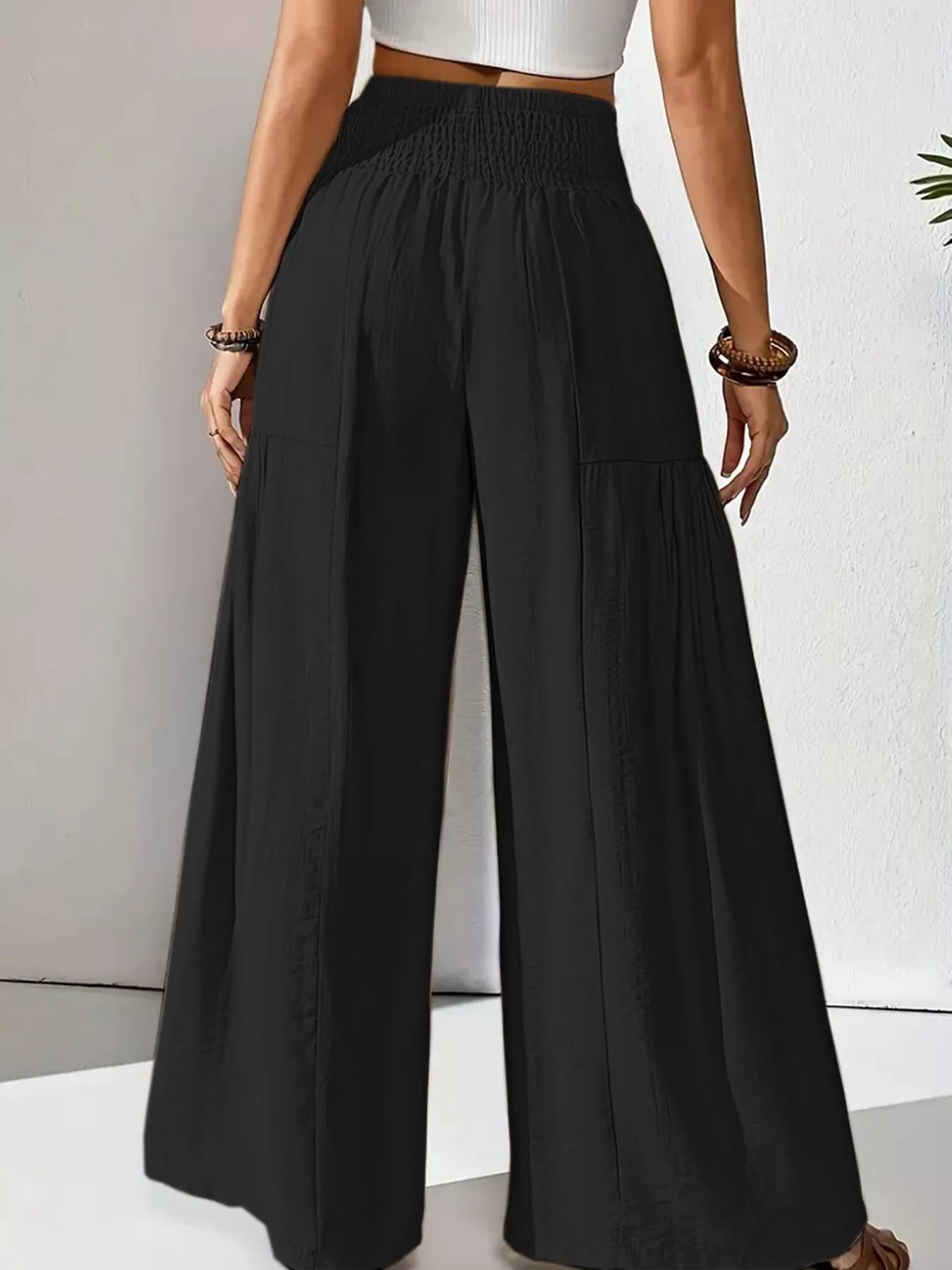 Blk Smocked Waist Wide Leg Pants - Salty Season LLC