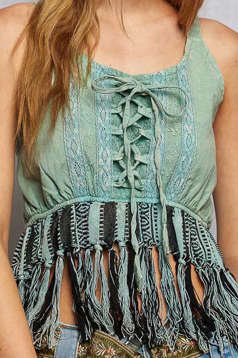 POL Lace-Up Fringe Hem Tank with Lace Detail - Salty Season LLC