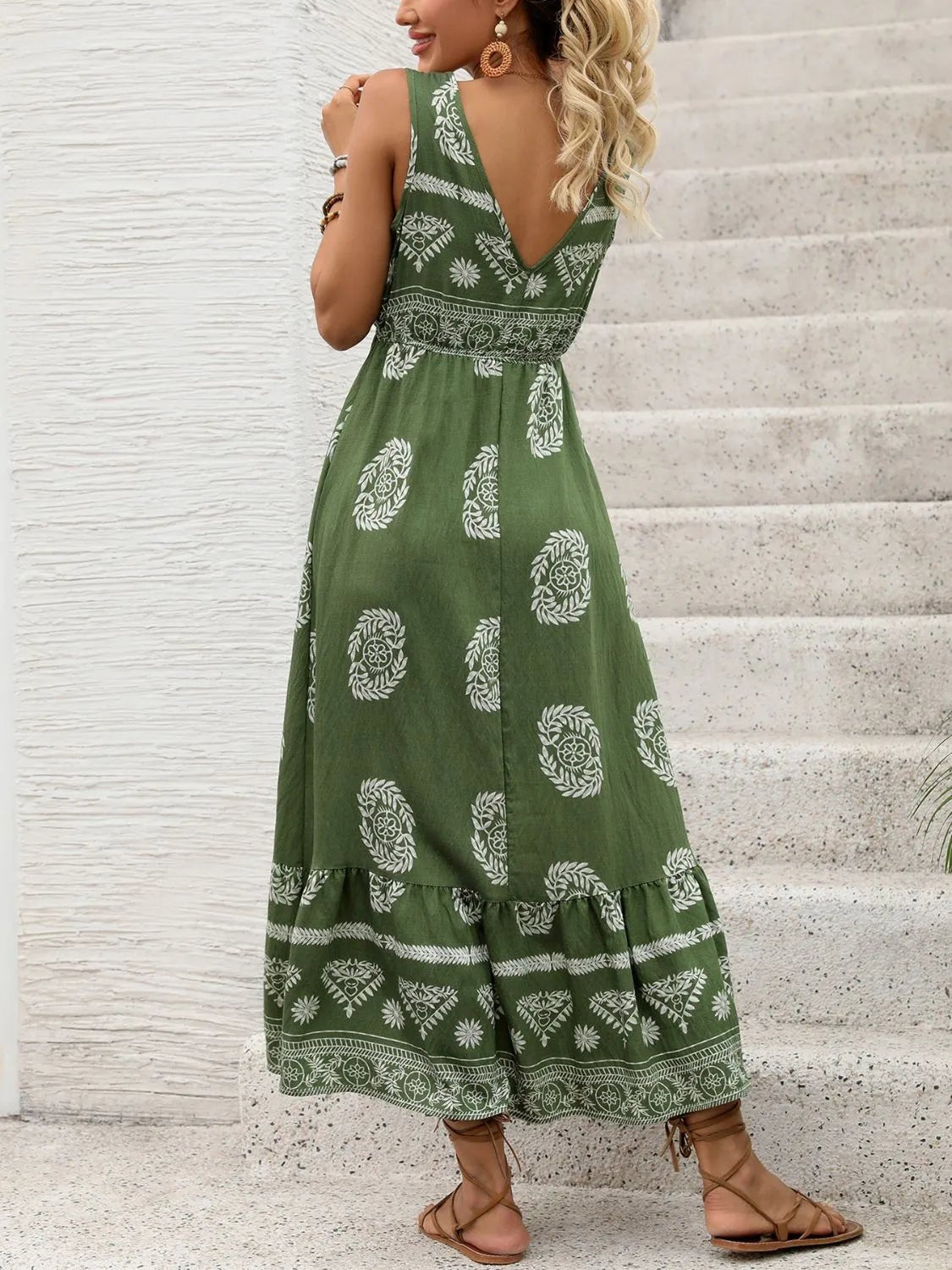 Printed V-Neck Sleeveless Dress - Salty Season LLC