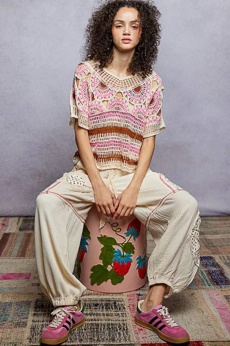 Weave Pattern Short Sleeve Crochet Top with Border Accents - Salty Season LLC