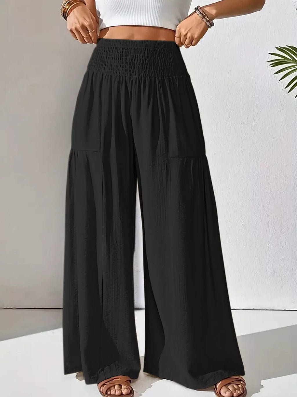 Black Smocked Waist Wide Leg Pants white wall