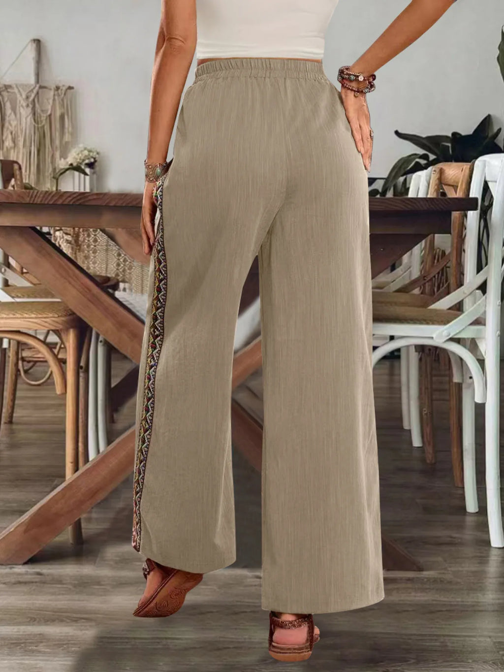 Bohemian Wide Leg Embroidered Side Stripe Pants - Salty Season LLC