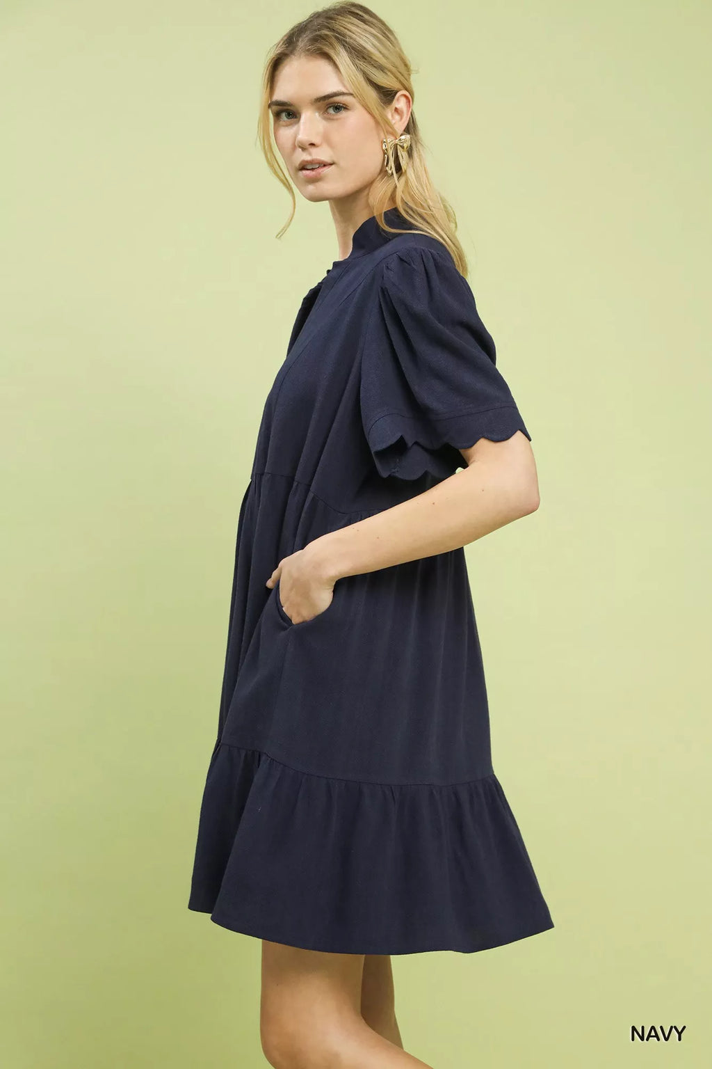 Umgee Linen Tiered Babydoll Dress with Scalloped Sleeves - Salty Season LLC