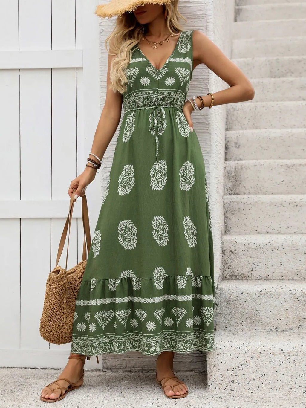 Printed V-Neck Sleeveless Dress - Salty Season LLC