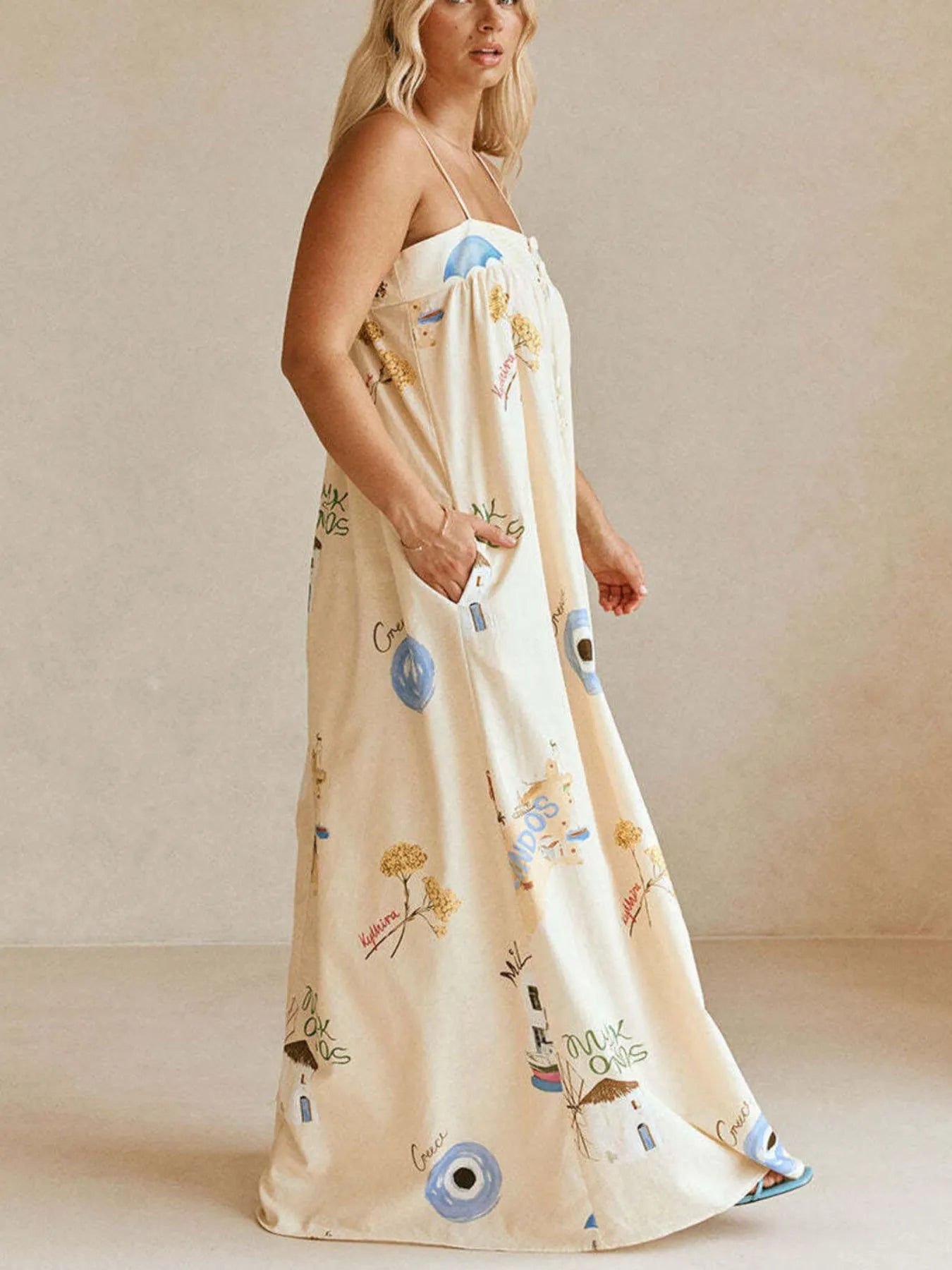 Bohemian Print Cami Maxi Dress with Pockets - Salty Season LLC