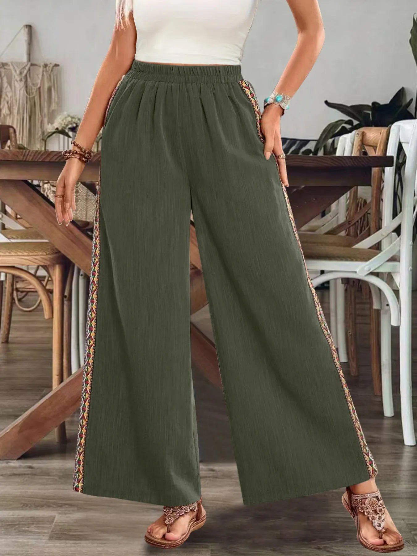 Bohemian Wide Leg Embroidered Side Stripe Pants - Salty Season LLC