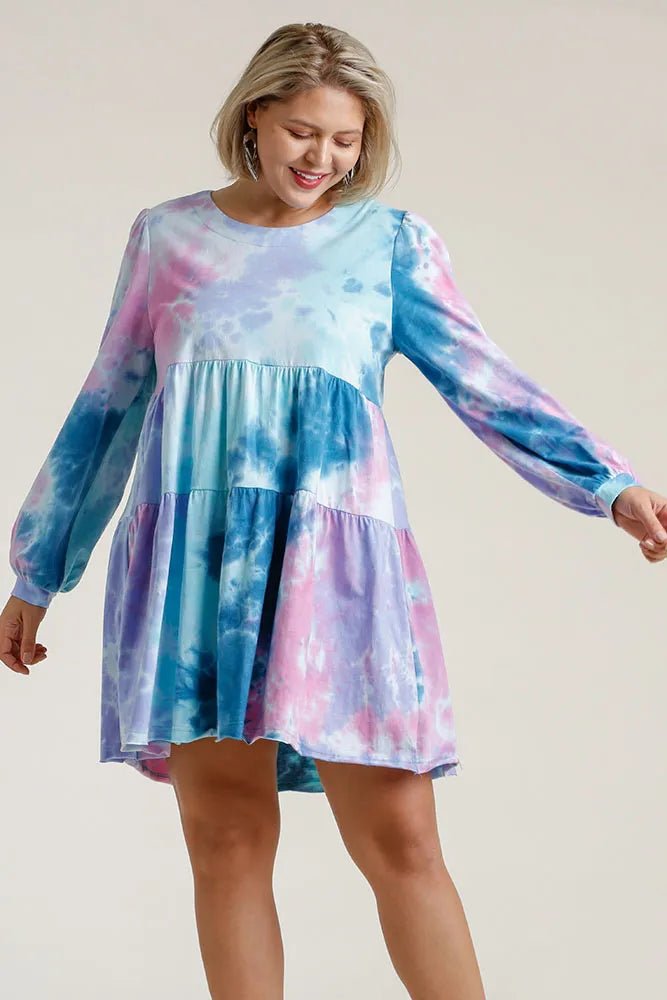 Umgee Full Size Tie Dye Round Neck Long Sleeve Babydoll Tiered Dress Plus Size - Salty Season LLC