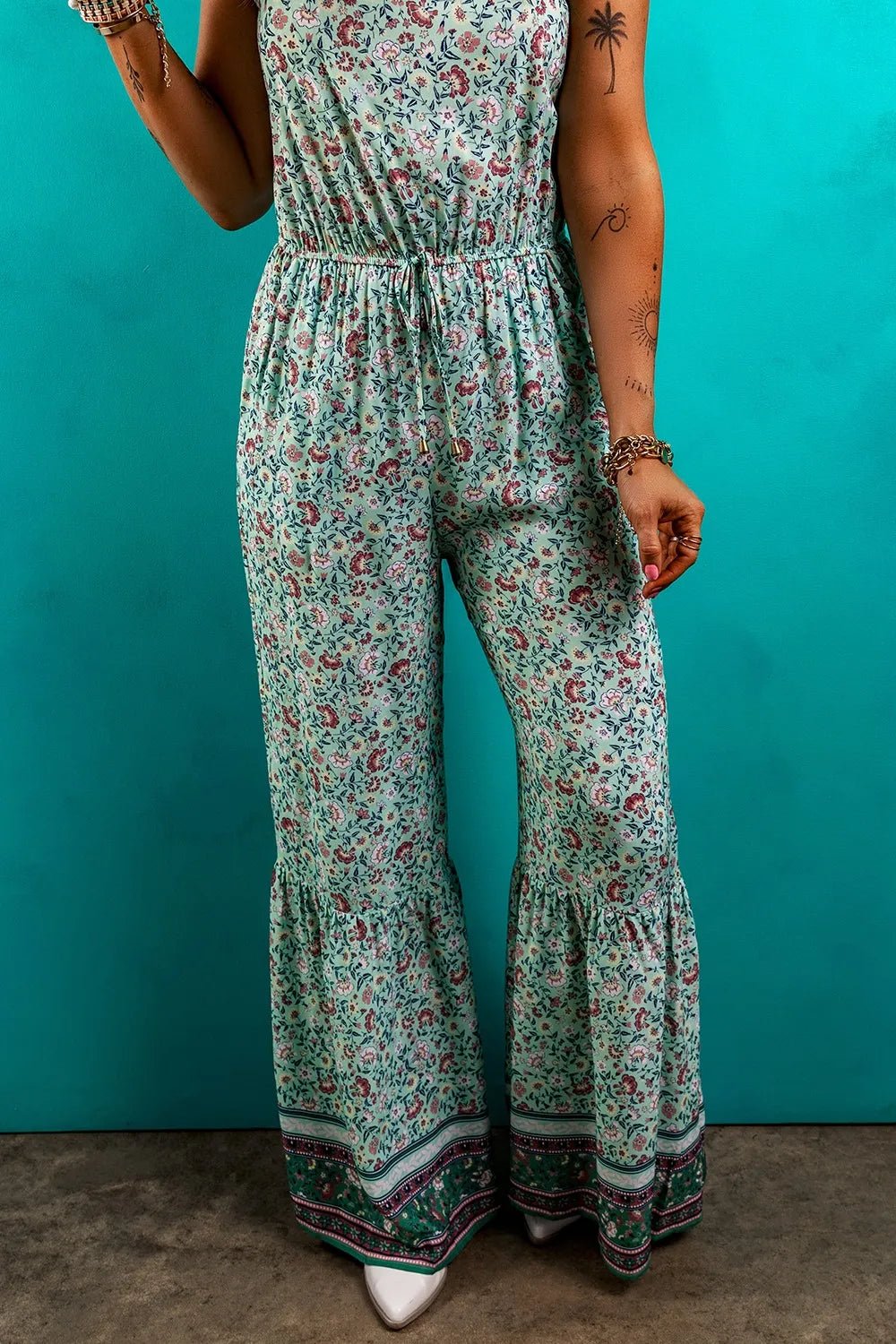 Bohemian Floral Ruffle Bottom Spaghetti Strap Jumpsuit - Salty Season LLC