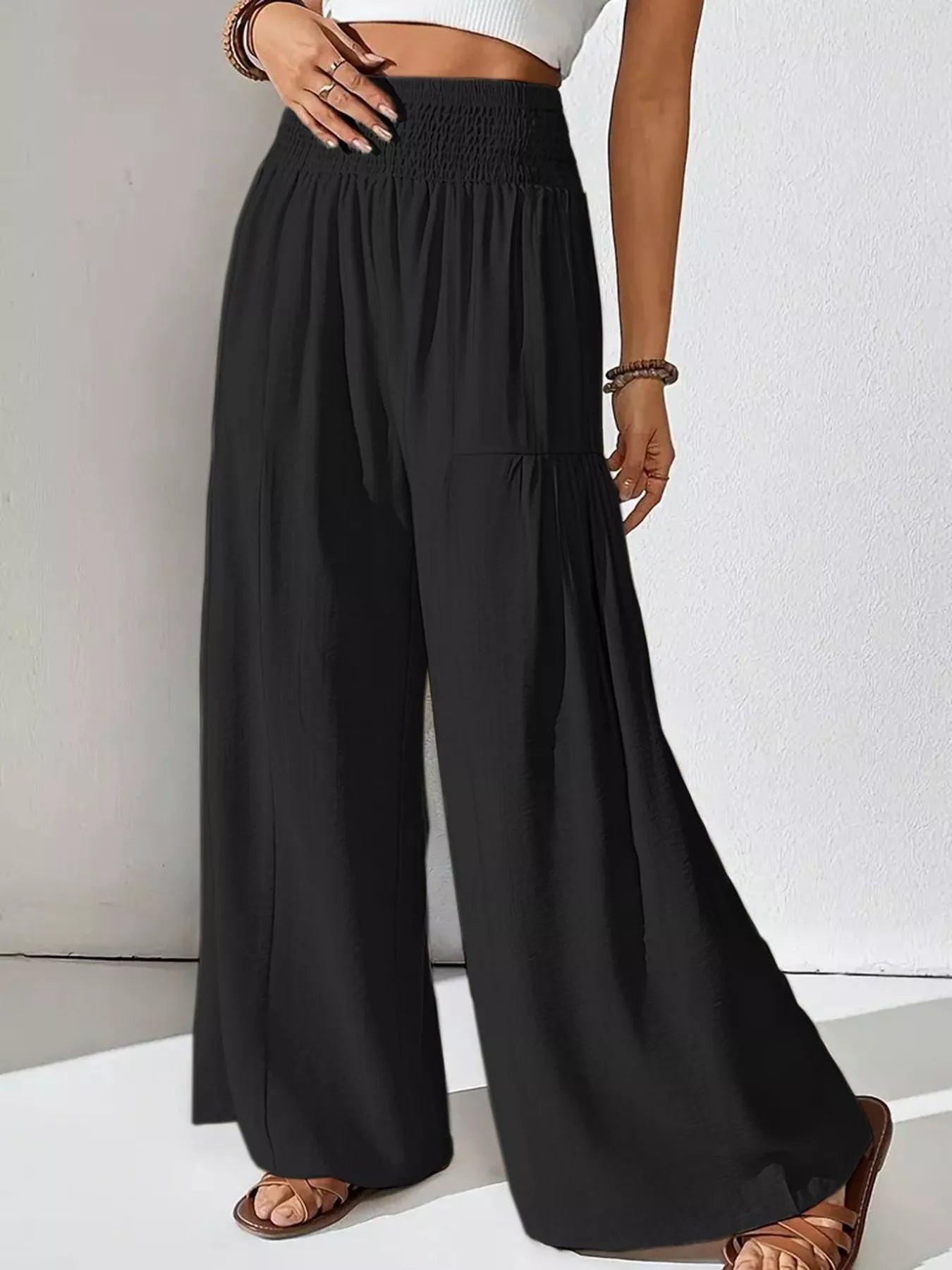 Black Smocked Waist Wide Leg Pants